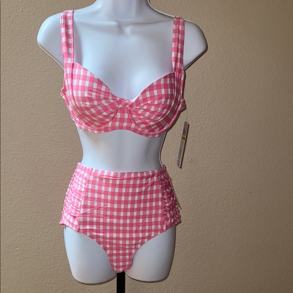 Anne Cole Bikini Set Pink/White Checkered Top 34C 36B/High Waist Ruched Bottom L